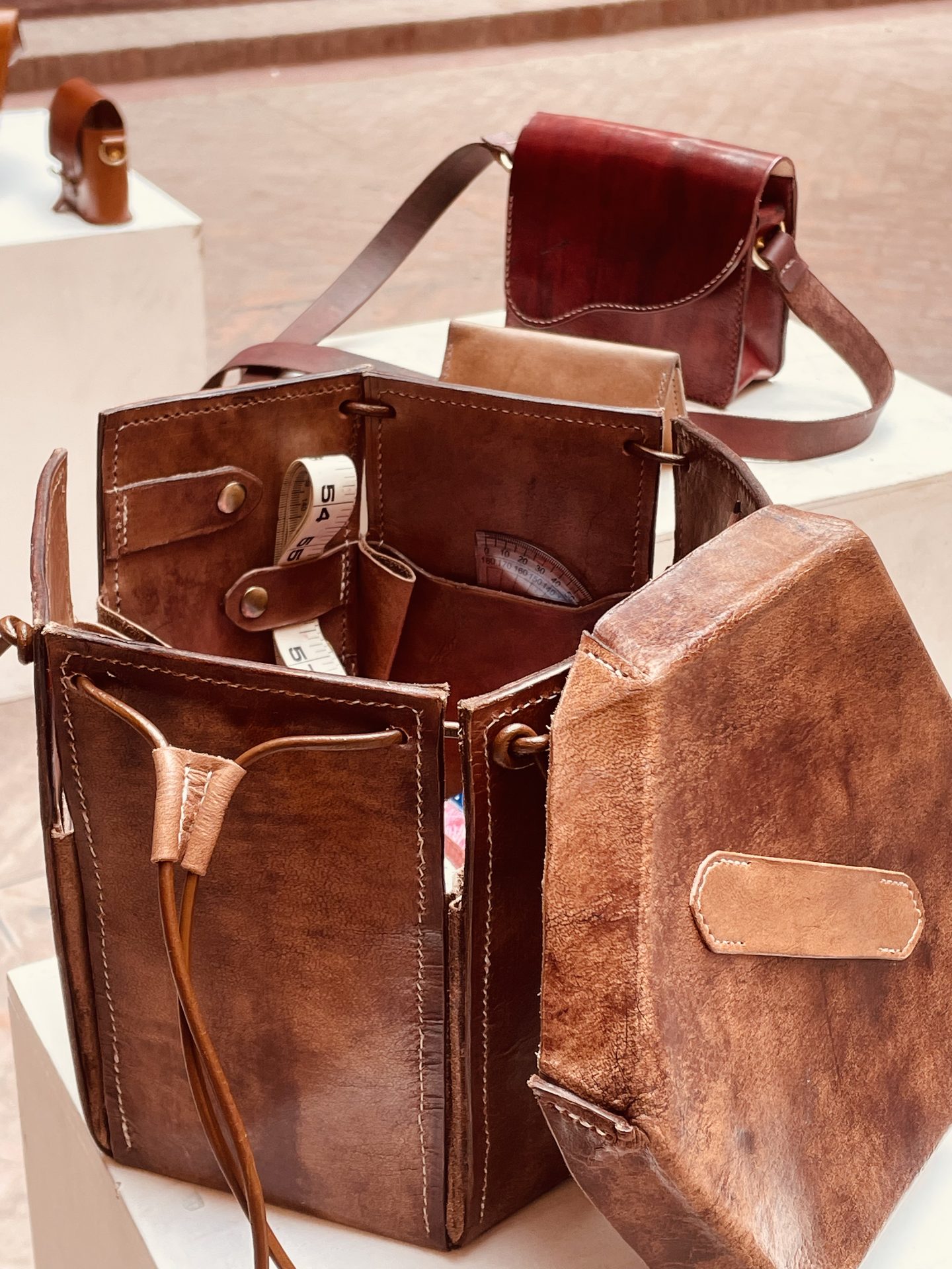Leather accessory collection on display